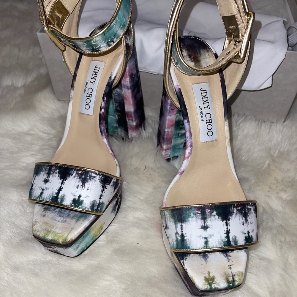 Jimmy Choo Multi-Color Tie-Dye Ankle Strap Block Heel Sandals - Picture 1 of 6